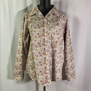 L.L. Bean Blue Yellow & Red Floral Print Long Sleeve Button Down Cotton Shirt